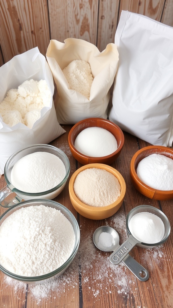 Sugar and Flour: Essential Baking Ingredients Baking ingredients including flour and various types of sugar on a wooden countertop.